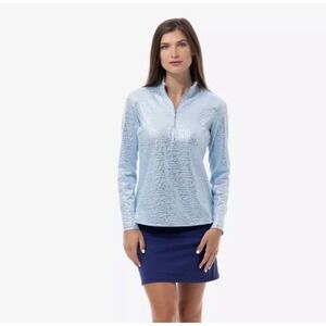 SanSoleil SolTek Ice Foil Print Zip Long Sleeve Golf Top‎ Womens XS Blue